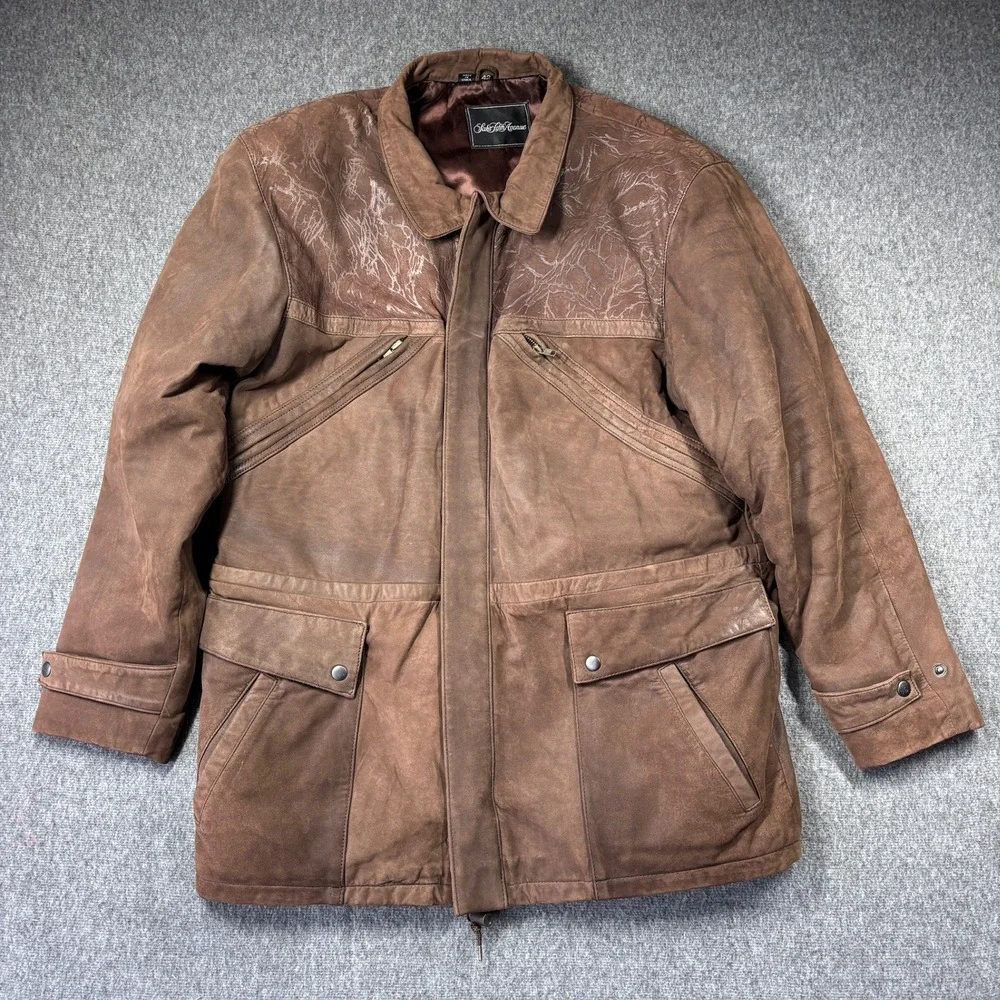 Saks Fifth Avenue Mens Brown Leather Field Jacket Coat Textured Yoke Size 42 - Picture 1 of 9